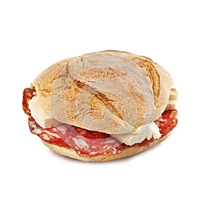 Sicilian Panino `Pane e salame` Isolated on White Background